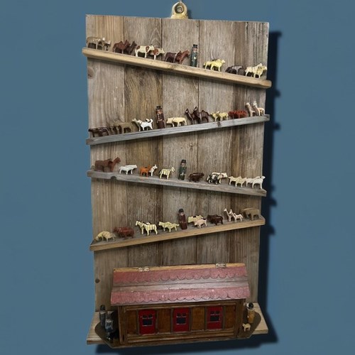 19Th Century Noah's Ark On Wall Hanging Display, 72 Figures