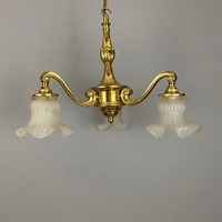Antique three arm brass chandelier with shades