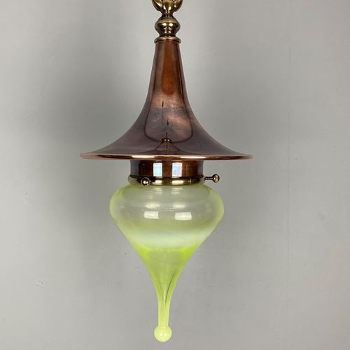 Witches Hat – Large Aged Copper Pendant Light With Vaseline Teardrop Shade (3219