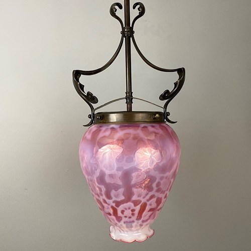 Large Art Nouveau Cranberry Glass Pendant Light (22396)