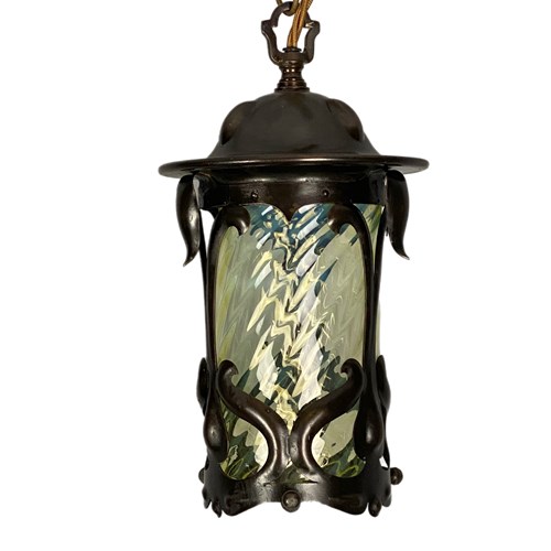 Small Art Nouveau Aged Brass Lantern With Vaseline Glass (21205)