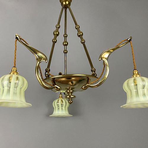 Art Nouveau Brass Chandelier With Vaseline Glass Shades (22420)