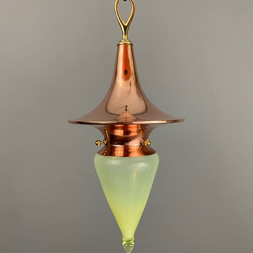 ‘Witch’S Hat – Sleek’ Polished Copper Art Nouveau Vaseline Glass Pendant Light 