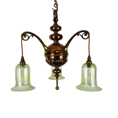 Three Arm Brass And Copper Art Nouveau Chandelier (26207)