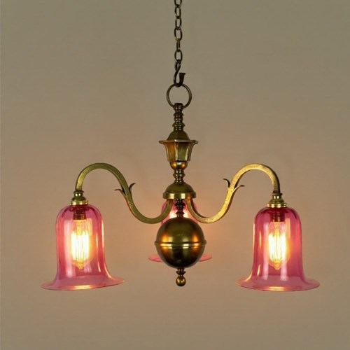 Three Arm Art Nouveau Chandelier With Cranberry Glass Shades 