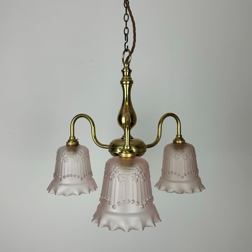 Brass Three Arm Chandelier With Pink Glass Shades (91078)