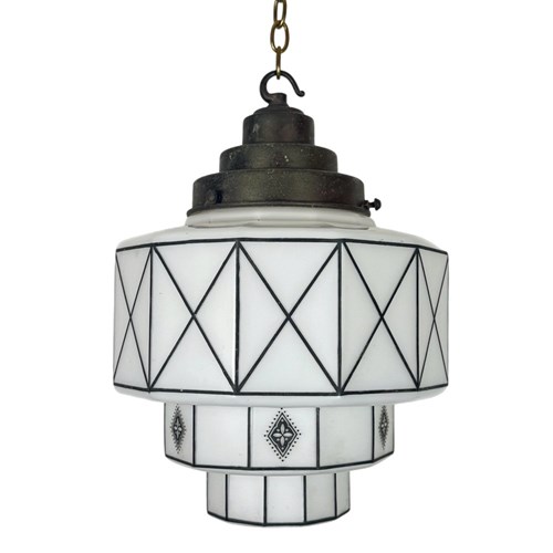 Art Deco Opaline Pendant Light – Black Geometric Motif (25160)