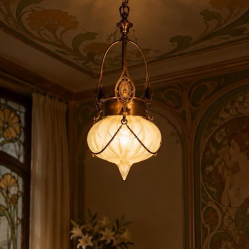 Original Art Nouveau Vaseline Glass Pendant Light (26264)