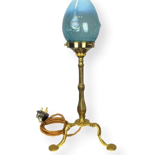 Brass Pullman Style Art Nouveau Lamp – Blue Glass Shade (41081)