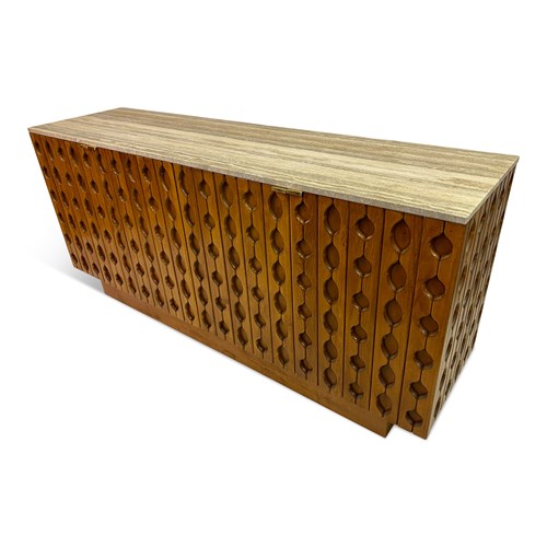 Contemporary Italian Brutalist Wood And Travertine Sideboard