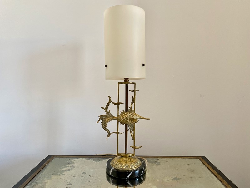 1950s Brass Fish with Marble Base Table Lamp-august-interiors-img-9760-main-637323457787148341.jpeg