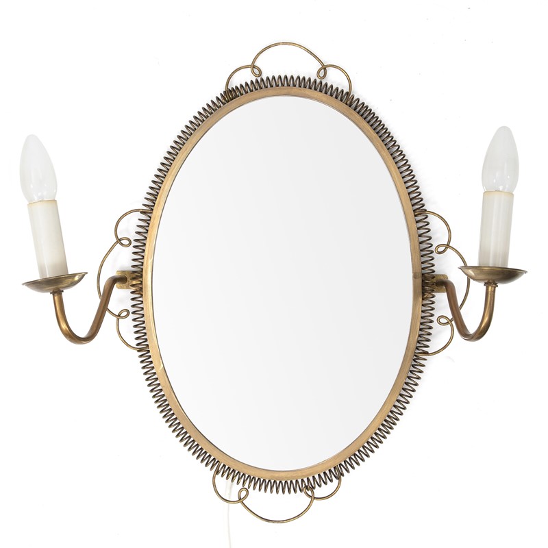 1950s Swedish Brass Mirror with sconces-august-interiors-oval-shaped-brass-mirror-with-a-sconce-on-1-main-637226680623585434.jpg