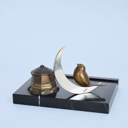 Art Deco Black Marble & Bronze Desk Tidy With Bird And Crescent Moon, C.1930