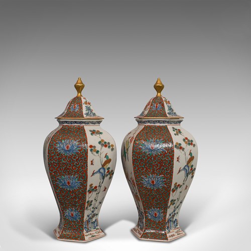 Pair of Vintage Hexagonal Spice Jars, Oriental, Ceramic, Baluster, Urn, Avian