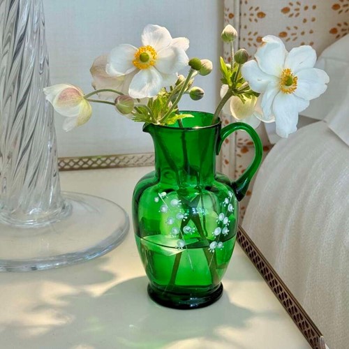 Sweet Victorian Glass Jug With Enamelled Lily Of The Valley Flowers