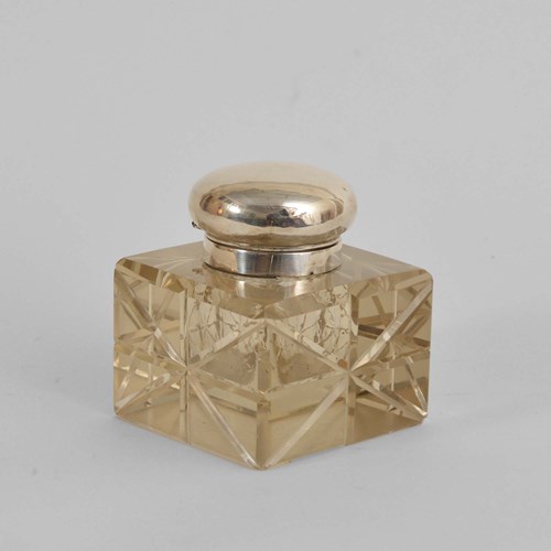 A Victorian Silver-Mounted Glass Inkwell