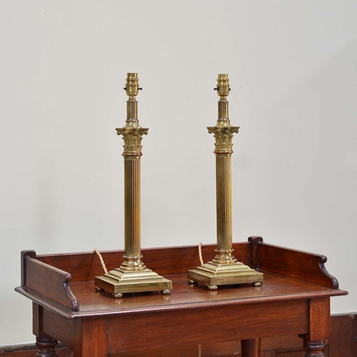 Pair Victorian Brass Corinthian Column Lamps
