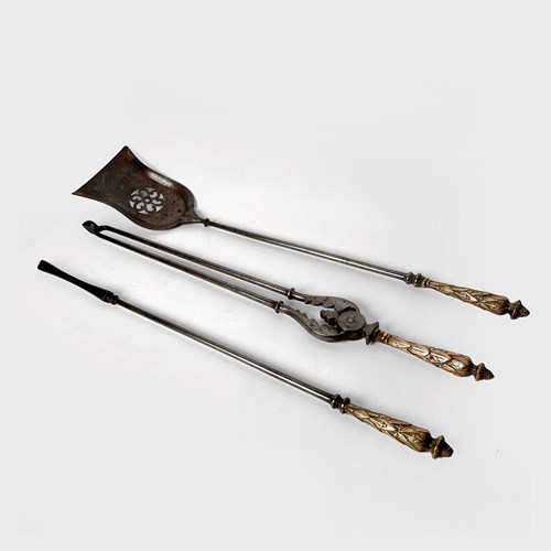 A Set Of 3 Georgian Steel And Gilt Brass Fire Irons