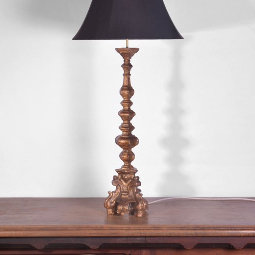 18Th Century Spanish Giltwood Altar Candlestick Lamp