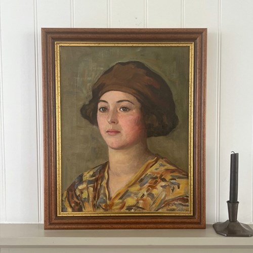 1940'S, Swedish Painting, 'Lady In Brown Beret', M FRECHETTE