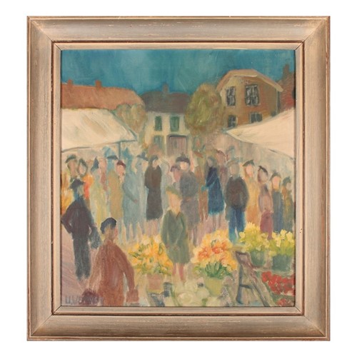 1950'S, Swedish Oil Painting, 'Flower Market'