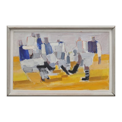 Mid Century, Swedish Painting 'Footballers.' 