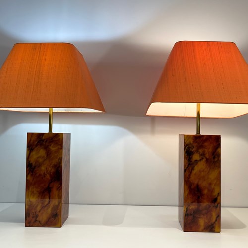 Pair Of Lucite Lamps Imitating Tortoise Shell. French Work. Circa 1970