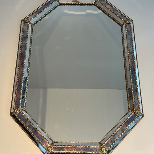 Rectangular Multi-Facets Mirrors With Brass Garlands. French Work. Circa 1970