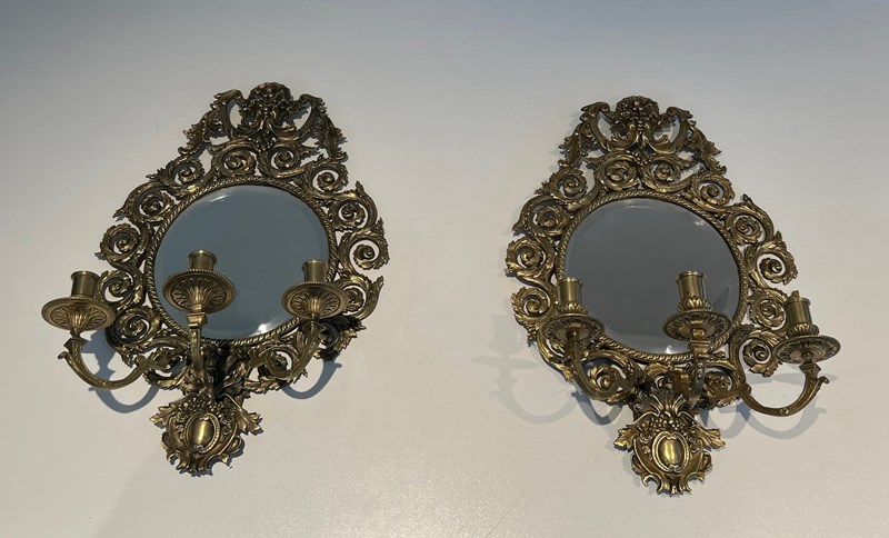 Large Pair Of 3 Arms Louis The 14Th Chiseled Bronze Wall Lights With A Mirror-barrois-antiques-1-main-638132609040124976.jpg