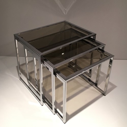 Set Of 3 Chromed Nesting Tables. Circa 1970