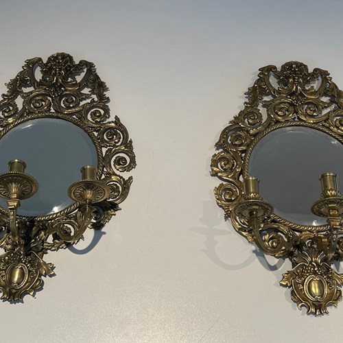 Large Pair Of 3 Arms Louis The 14Th Chiseled Bronze Wall Lights With A Mirror