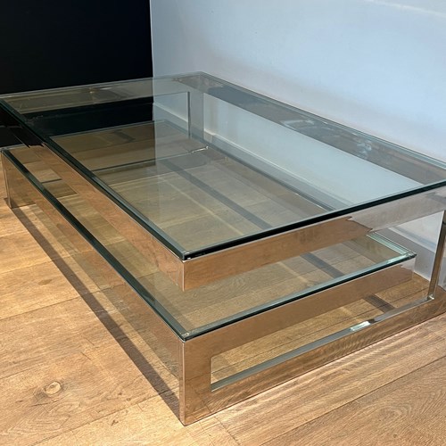 Design Chrome Coffee Table With 2 Thick Glass Shelves. French Work. Circa 1970