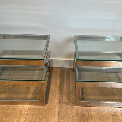Pair Of Design Chrome Side Tables With Thick Glass Shelves
