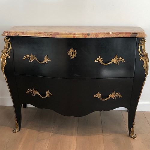 Curved Ebonized Chest Of Drawers With Bronze Elements And A Nice Marble Top