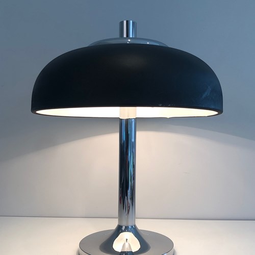 Large Chrome And Black Lacquered Design Table Lamp. French Work. Circa 1950