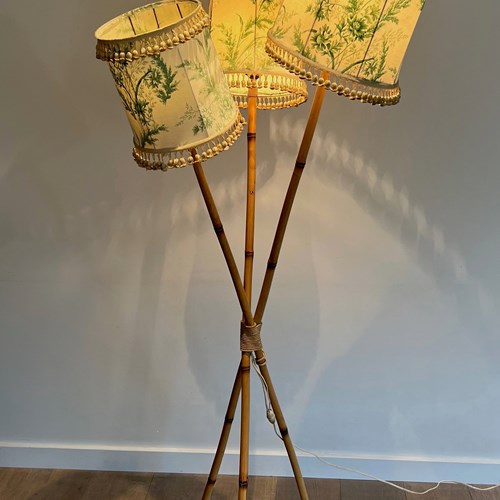 Bamboo And Rope 3 Lights Floor Lamp. French Work In The Style Of Audoux Minet