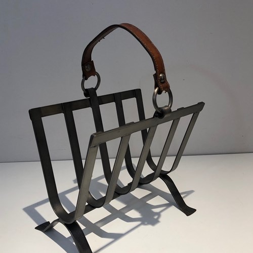 Steel And Leather Magazine Rack. French Work In The Style Of Jacques Adnet