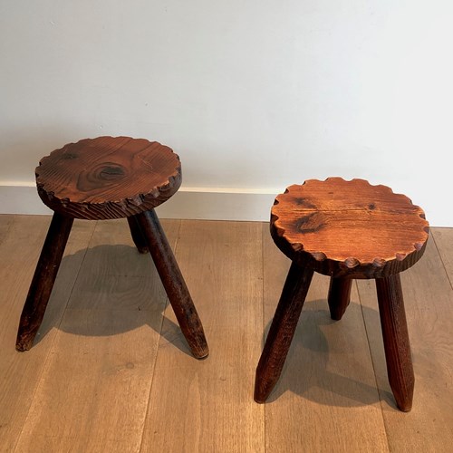 Pair Of Pine Brutalist Stools. French Work. Circa 1950