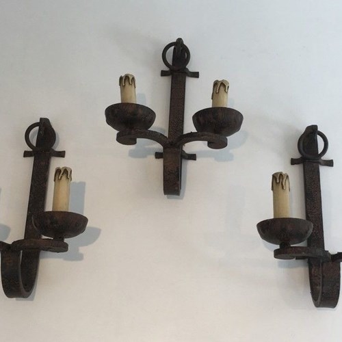 Set Of 3 Wrought Iron Wall Lights. French Work. Circa 1950