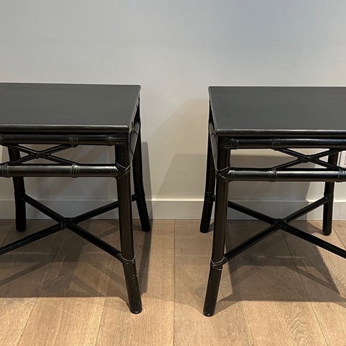 Pair Of Black Lacquered Faux-Bamboo Side Tables. French Work. Circa 1970