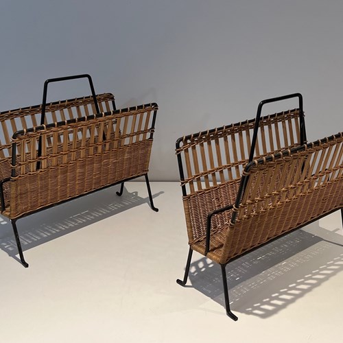 Pair Of Rattan And Black Lacquered Magazine Rack. French Work. Circa 1950