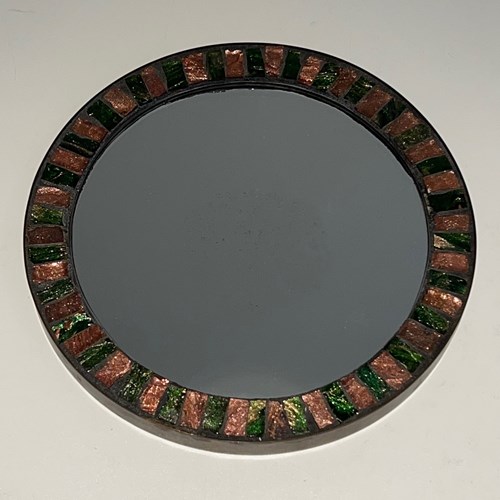 Round Glazed Ceramic Mirror Surrounded By A Brass Band. French Work. Circa 1950