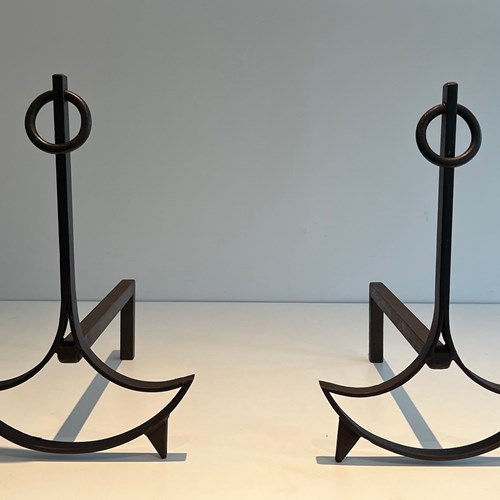 Pair Of Modernist Wrought Iron Andirons. French Work. Circa 1940