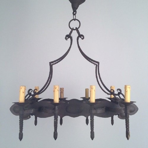 Neo-Gothic 8 Lights Wrought Iron Chandelier. A Pair Is Available. French.