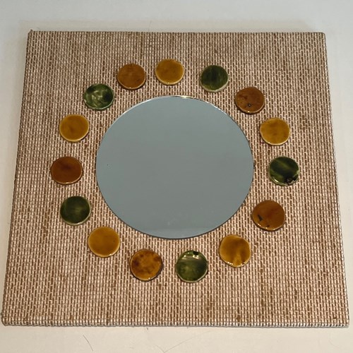 Small Square Mirror Made Of Raffia En Colored Ceramics Round Elements