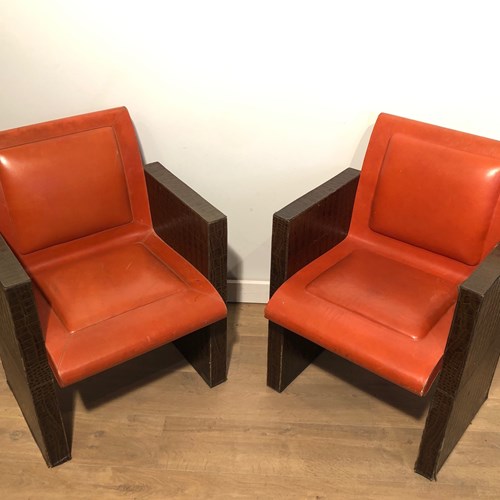 Pair Of Orangeish And Brown Leather Armchairs (A Third One Is Available)