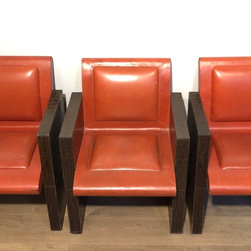 Set Of 3 Brown And Orange Leather Armchairs (Can Be Sold Individually)