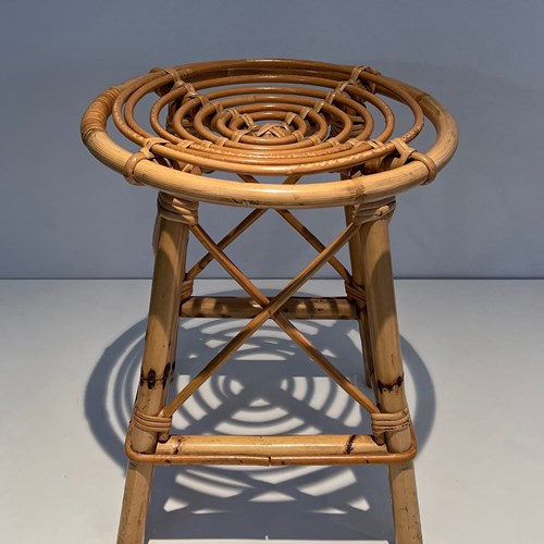 Rattan Stool. French Work In The Style Of Jean Royère. Circa 1970