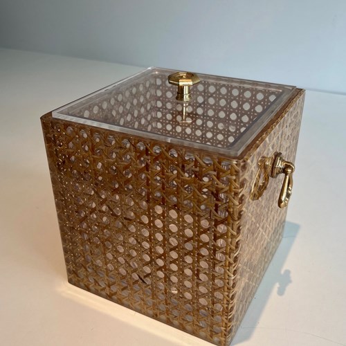 Lucite, Caned And Brass Ice Bucket. Italian Work Style Christian Dior 1970