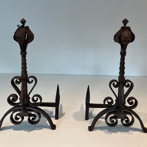 Pair Of Wrought Iron Andirons - Firedogs Decorated With Foliage And Scrolls